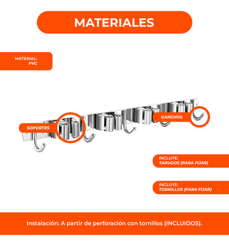 Soporte Organizador Escobas Ganchos Acero Inoxidable Premium 2