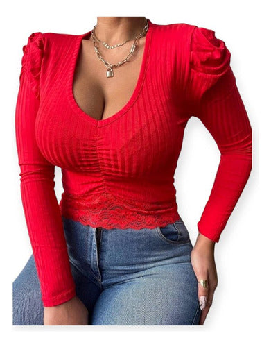 JPM INDUMENTARIA Long Sleeve V-Neck Top with Lace Detail at Waist 0