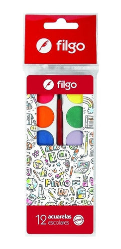 Acuarela Paleta Filgo X 12 Colores + Pincel Pack X50 Paletas 0