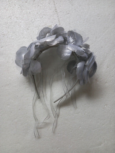 V506 Silver Flowers Headband with Silver Ribbon 1