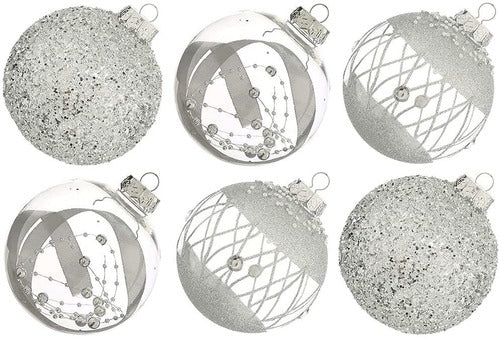 6 Silver Christmas Ball Ornaments Xmasexp - 3 Designs 10cm 0