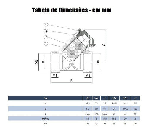 Filtro Y Latão Forjado 1.1/2 Pol Tela Aço Inox + Veda Rosca 2