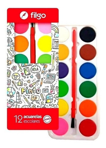 Acuarelas Filgo Escolares 12 Colores + Pincel Atoxica X1 U 0