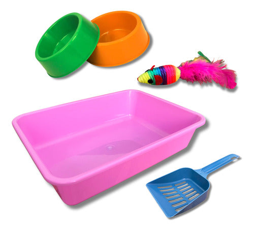 Cat Sanitary Kit Tray + Scoop + 2 Bowls + Toy 0