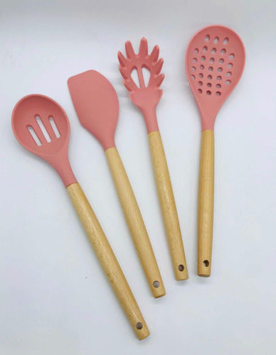 Set of 9 Kitchen Utensils with Wooden Handle and Pink Silicone Tip 4