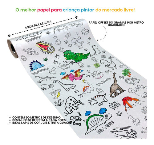 Bobina De Papel Para Colorir Dinossauro - Mundo Dino 1