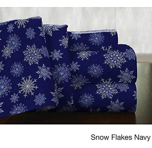 Pointehaven Deep Pocket Flannel Sheet Set with Extra Large Flat Sheet – Snow Flakes Navy 1