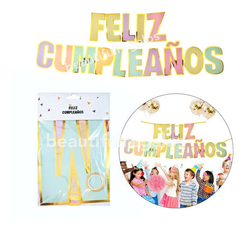 Guirnalda Banderin Feliz Cumpleaños Color Pastel Y Dorado 1