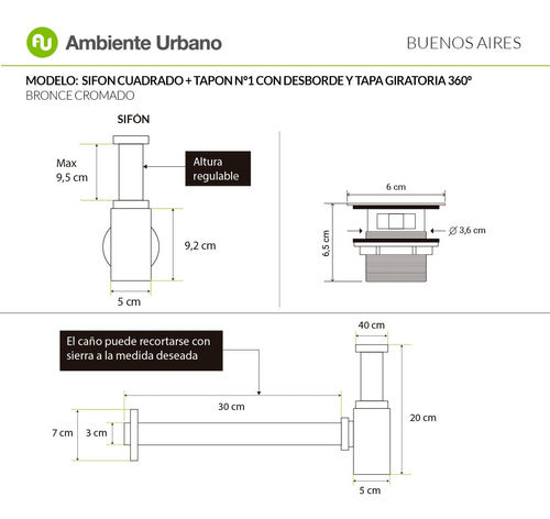 Ambiente Urbano Sifon Cuadrado Descarga Cromo + Tapon Con Desborde Tapa 360º 7