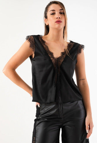 Chica Mala Importados Women’s Satin Blouse with Lace Embroidery 5