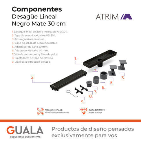 Desagüe Ducha Baño Rejilla 30cm Negro Mate Atrim Acero Inox 6