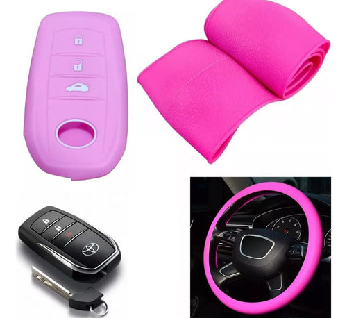 NL Cubre Volante + Funda Llave Silicona - Toyota 3 Botones Rosa 0