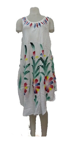 White Wide Hindu Dress Bias Cut Batik Printed Women's 3