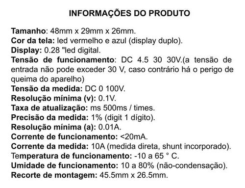 Kit Com 2 Voltímetros Amperímetro Digital Led Dc 10a 3