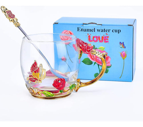 Taza De Café De Vidrio Con Cuchara, Rosa Mariposa, 330 Ml 6