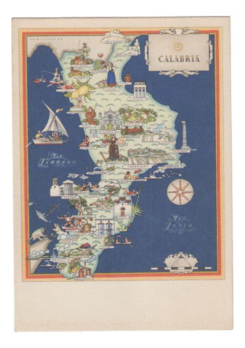 Italia Antigua Postal Con Mapa De Calabria Ilustrado Vintage 0