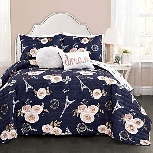 Lush Decor Navy Vintage Paris Rose Butterfly Juego De Edredó 0