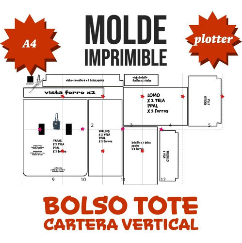 Moldes para Costura: Molderia Patrón Cartera Tote Vertical PDF A4 Plotter 4