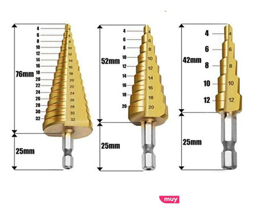 Muy Moderna Set of 3 Step Drill Bits – High-Speed Steel 3