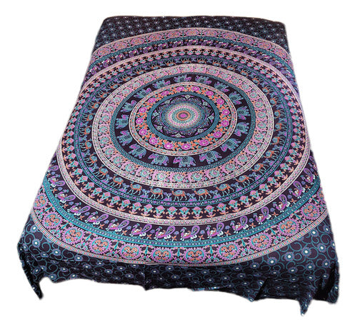 Indian Two-Plaza Bedspread Blanket, Elephants, Mandala 1