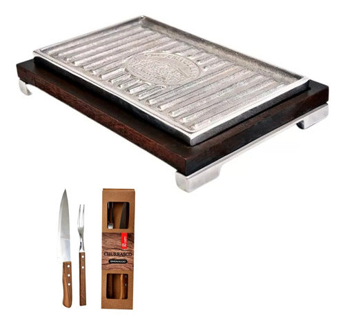 Vieja Pulperia Grande Thermal Tray with Wooden Base AB18G + Cutlery 0