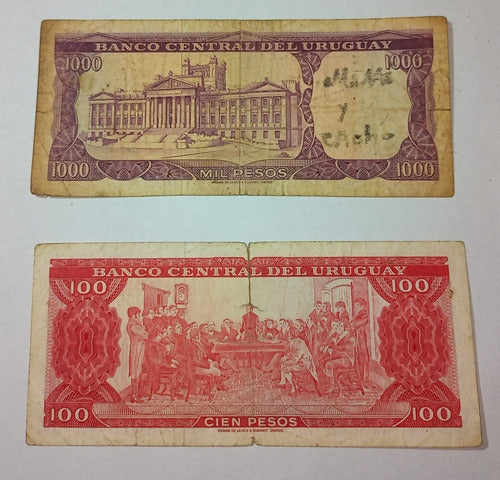 2 Billetes Uruguay 100 Pesos - 1000 (resellado N.1)fine 1