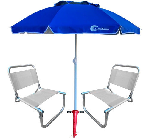Set of 2 Reinforced Aluminum Beach Chairs 90kg + Super Strong 2m Umbrella 79