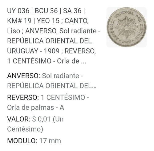 Moneda Uruguaya 1 Centésimo Año 1909 1