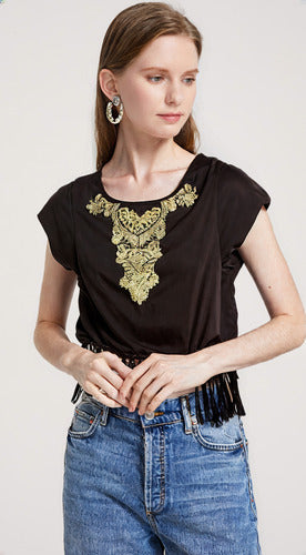 Imported USA Blusa Remera Seda Negra Bordada Flecos T.m Mujer 1