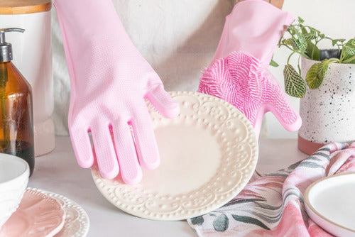 Pair of Pink Silicone Washing Gloves 1