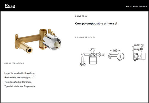 Roca Cuadro Monocomando Cuerpo Embutir Universal Lavatorio 1