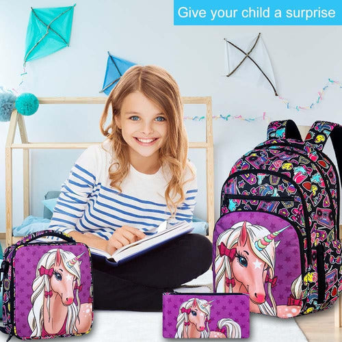 CCJPX Kit Escolar - Mochila Grande Y Lunchera Diseño Unicornio 1