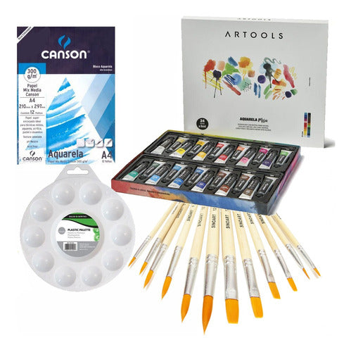 Aquarela Bisnaga 24 Cores + Kit 12 Pincel + Bloco + Gode 0