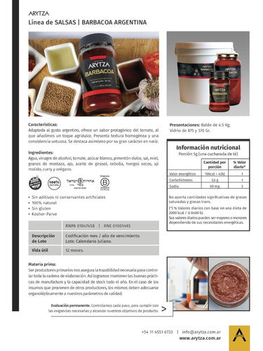 Salsa Barbacoa Gourmet Arytza 875g - 100% Natural - Sin Tacc 1