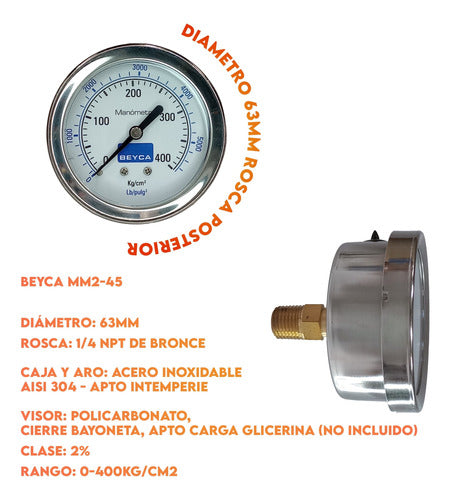 Manómetro A/inoxidable 400 Kgcm²rosca Posterior Beyca Mm2-45 1