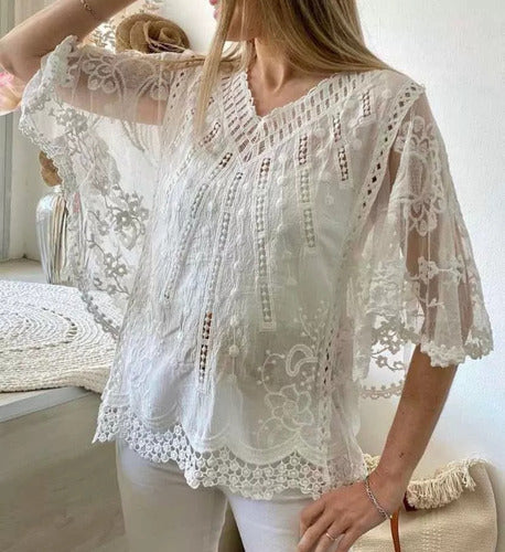 Wide Boho Embroidered Tulle Blouse Imported Felisa 1
