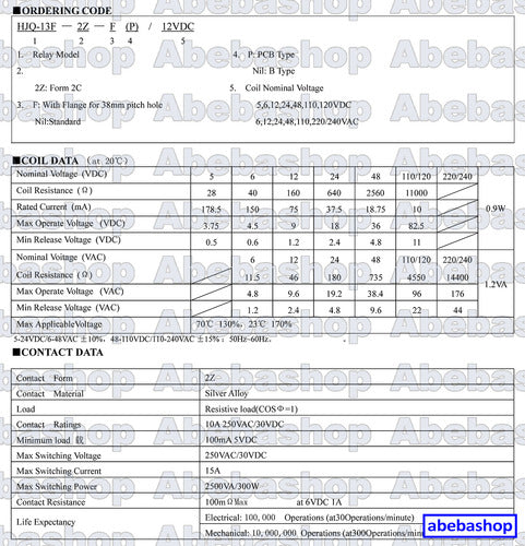 Abebashop Relay Bobina 48VAC 10A 250V 2 Inversores R Coil 735E 3