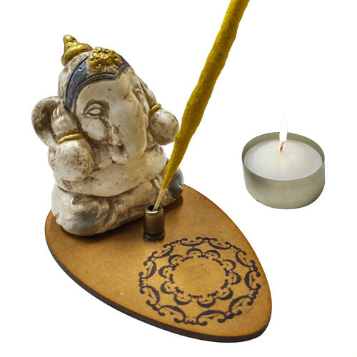 COMENZANDO A DESPERTAR Ganesha Incense Holder Made of Gypsum and Wood with Candle 0