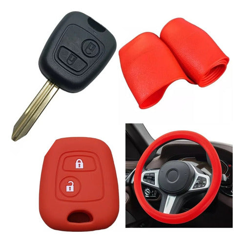 Steering Wheel Cover + 2-Button Red Silicone Key Fob Cover for Peugeot 0