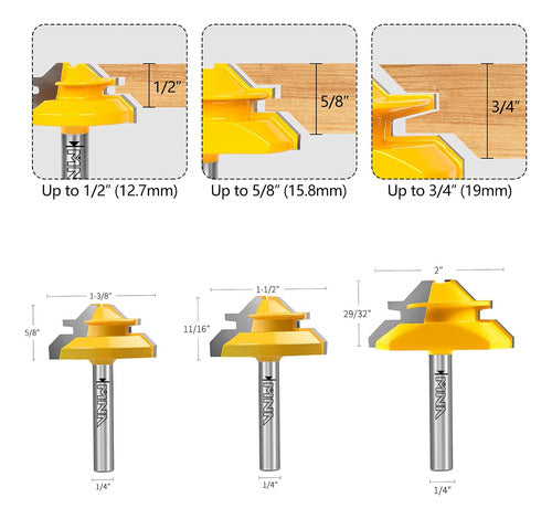 MNA Lock Miter Router Bit Set of 3 Pieces for 45 Degree Wood Joints 1