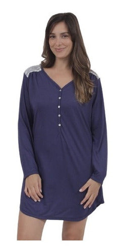 Women's Long Sleeve Nightgown with Soft Lace and Buttons 2