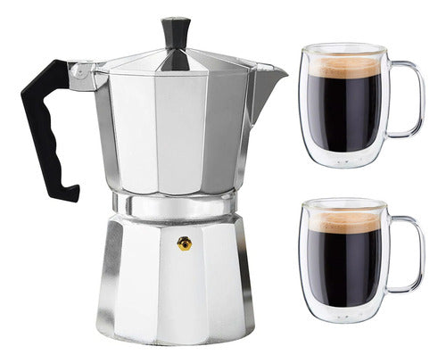 Bastiani Set Cafetera Italiana 450ml + 2 Tazas Café Vidrio 0