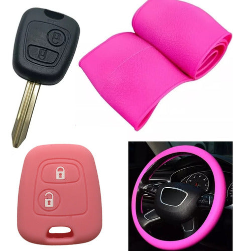 Steering Wheel Cover + 2-Button Peugeot Key Case Silicone Pink 0