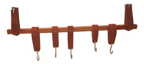 Wooden Wall Coat Rack with Leather Strip & 5 Hooks 0