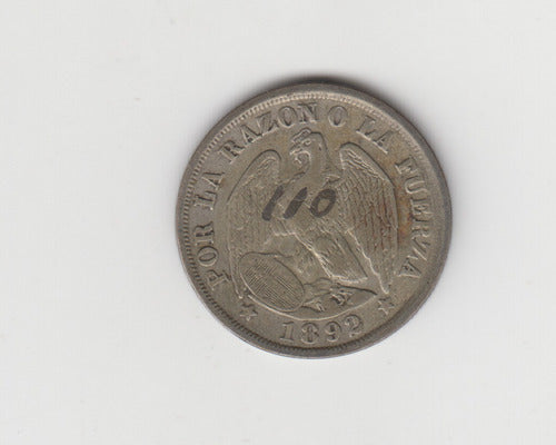 Moneda Chile 20 Centavos Año 1892 Plata Bueno + 0