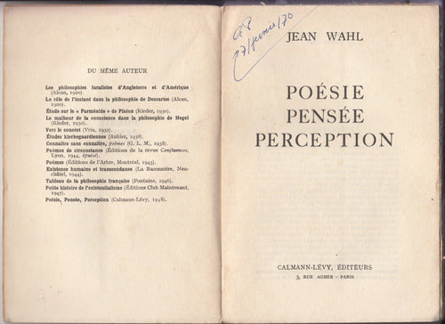 1948 Jean Wahl Poesia Pensee Perception 1a Edicion Frances 1