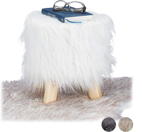 Fluffy Stool with Long Fur Cover and Wooden Legs 4