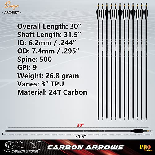 Premium Sunya 30-Inch 500 Carbon Fiber Arrows Pack of 12 1