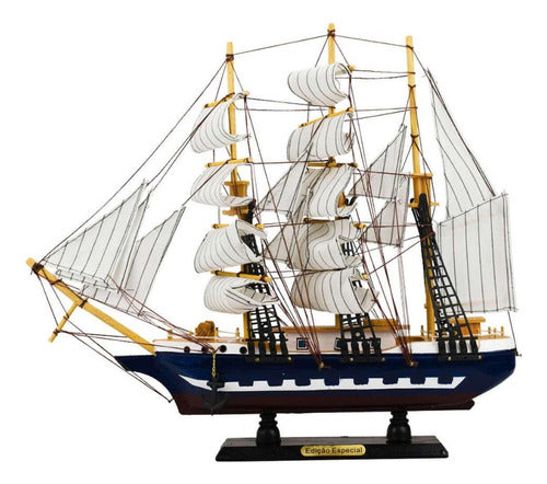 Miniatura Barco Navio Veleiro Madeira Casco Azul Base Marrom 0