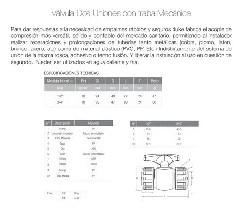 Duke Acople Rapido 1/2 Valvula Doble Union Traba Mecanica 6